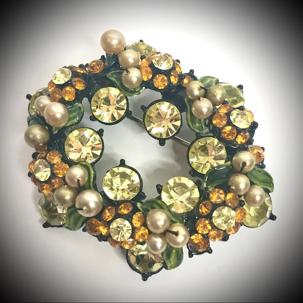 Vintage Rhinestone Brooch Flower Leaf Faux Pearl